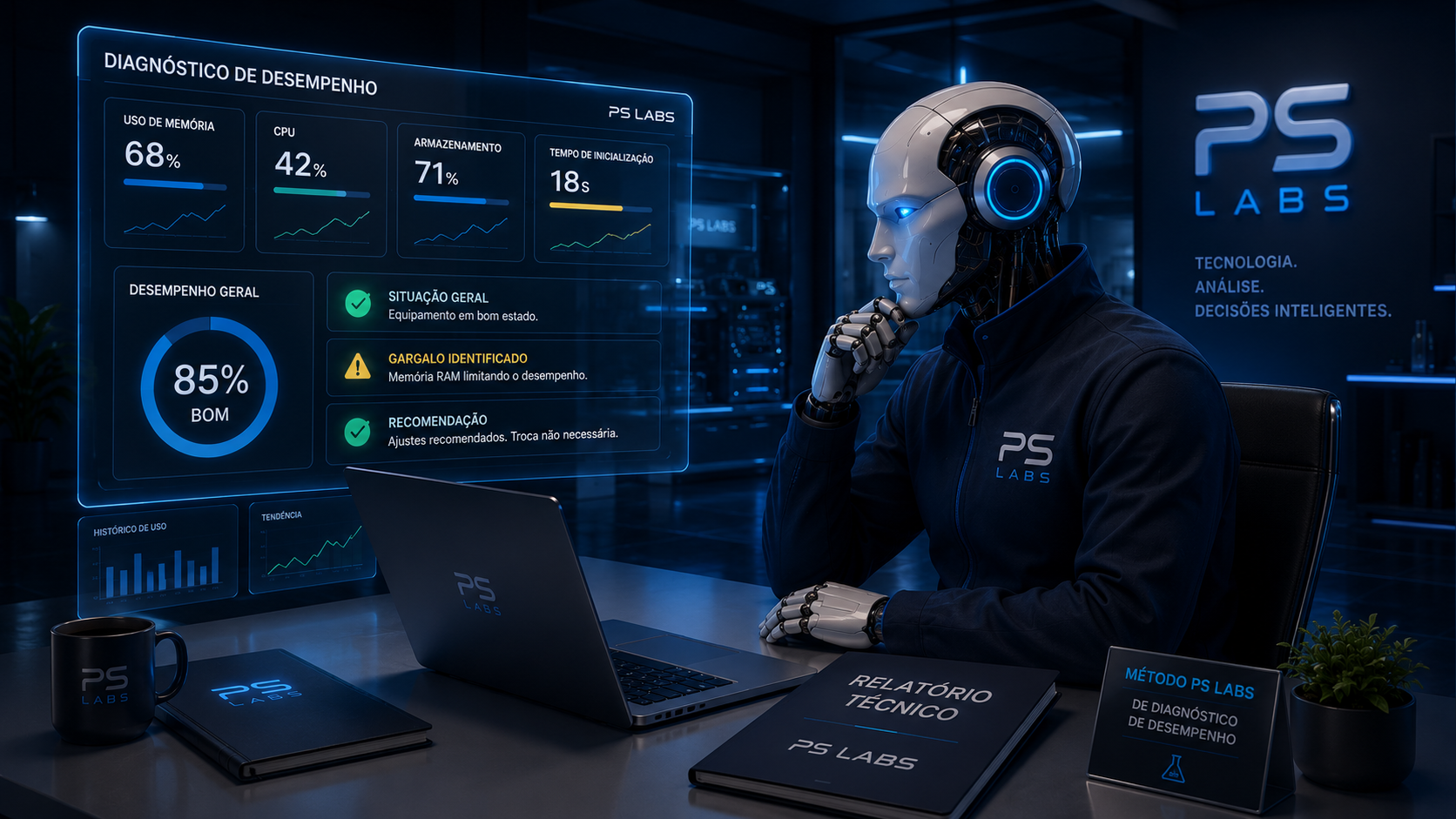 Orion realizando diagnóstico técnico em laboratório da PS Labs