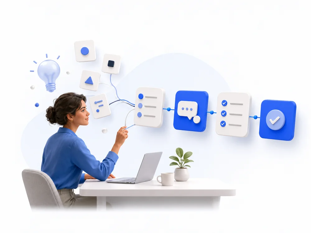 Profissional organizando ideias e tarefas em um fluxo digital automatizado.